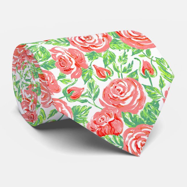 Moderne Coral Rose Blumenmuster Hochzeit Krawatte (Gerollt)