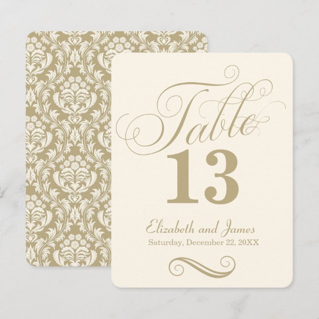 Moderne Cream Gold Script-Hochzeitsskripte-Tischnu Einladung (Vorne/Hinten)