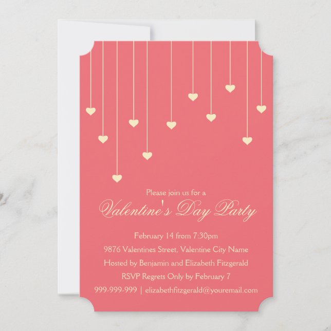 Moderne Cream Hearts auf Coral Red Valentines Part Einladung (Vorderseite)