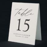 Moderne Cream Wedding Tischnummer Tischaufsteller<br><div class="desc">Trendy, minimalistische Zeltschilder auf der Hochzeitszelt mit modernem, schwarzem Schriftzeichen mit "Table" in moderner Kalligraphie-Schrift. Das Design hat einen cremefarbenen Hintergrund oder eine Farbe Ihrer Wahl. Das Design wiederholt sich auf der Rückseite. Um die Tischnummer Zeltschilder zu bestellen: Personalisieren Sie Ihre Namen, das Hochzeitsdatum und die Tischnummer. Fügen Sie jede...</div>