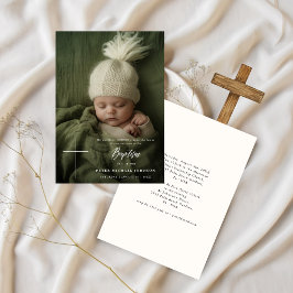 Moderne Cream White Script Boy Girl Foto Taufe Einladung