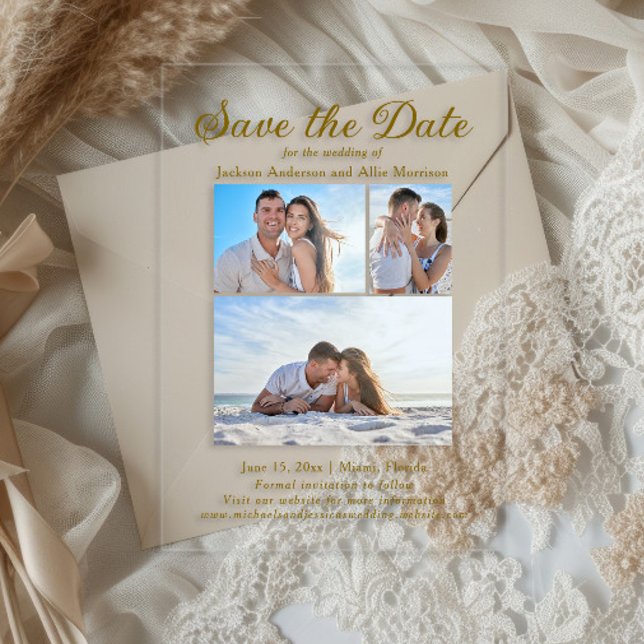 Moderne Creme 4 Foto 2 Hochzeit Acryleinladungen (3-Photo wedding acrylic Save the Date card)