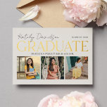 Moderne Creme Absolvent 3 Foto Abschluss Gold Folieneinladung<br><div class="desc">Eine zweiseitige Abschlussanzeige und Einladungen zur Abschlussfeier zeigen eine Fotocollage mit 3 Bildern auf der Vorderseite mit moderner und stilvoller echter Goldfolien-Serifendruck- und weißer Schreibschrift-Typografie, die für den Absolventen personalisiert werden kann. Die Rückseite der Karte enthält Informationen zur Abschlussfeier, die für Ihre besondere Veranstaltung angepasst werden können. Enthält eine weiche...</div>