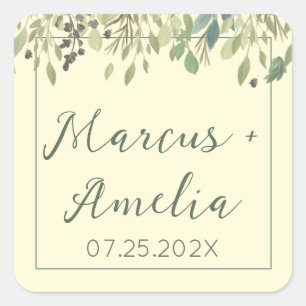 Moderne Creme & Eukalyptus Wedding Quadratischer Aufkleber