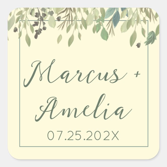 Moderne Creme & Eukalyptus Wedding Quadratischer Aufkleber (Vorderseite)