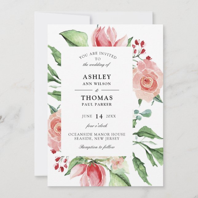 Moderne Creme Rose Watercolor Einladung zur Hochze (Vorderseite)