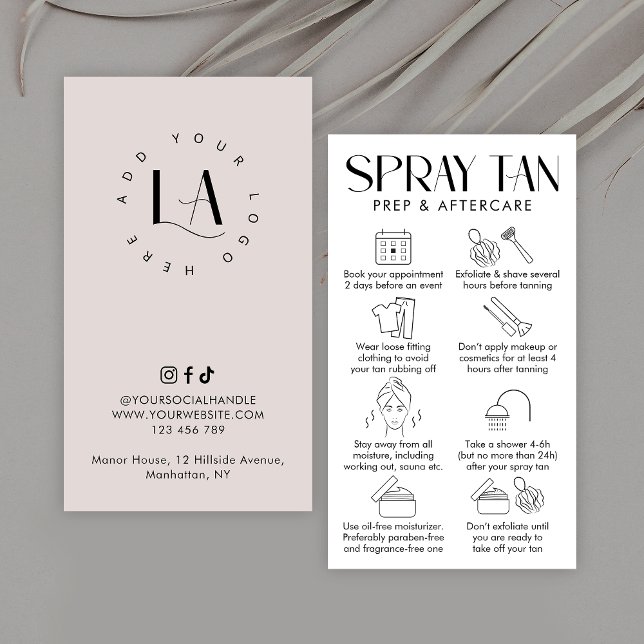Moderne Creme & White Elegante Spray Tan Aftercare Visitenkarte (Modern spray tan prep and aftercare cards in beige and white with care icons and space for your logo)