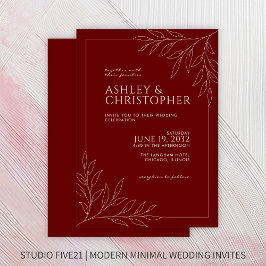 Moderne Crimson Red Foliage Kontur Hochzeit Einladung