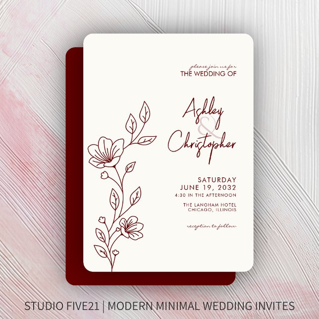 Moderne Crimson Red Foliage Kontur Hochzeit Einladung (Von Creator hochgeladen)