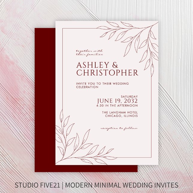 Moderne Crimson Red Foliage Kontur Hochzeit Einladung (Von Creator hochgeladen)