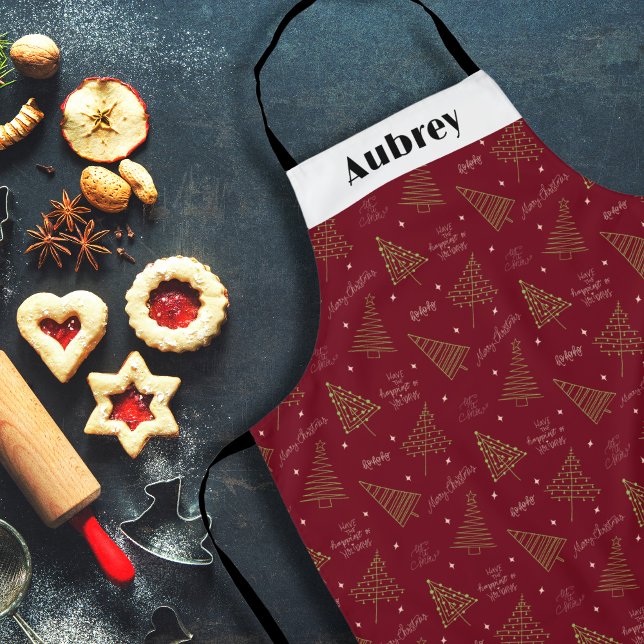 Moderne Custom Red Christmas Tree & Season Gruß Schürze (Custom Name Red Christmas Apron)