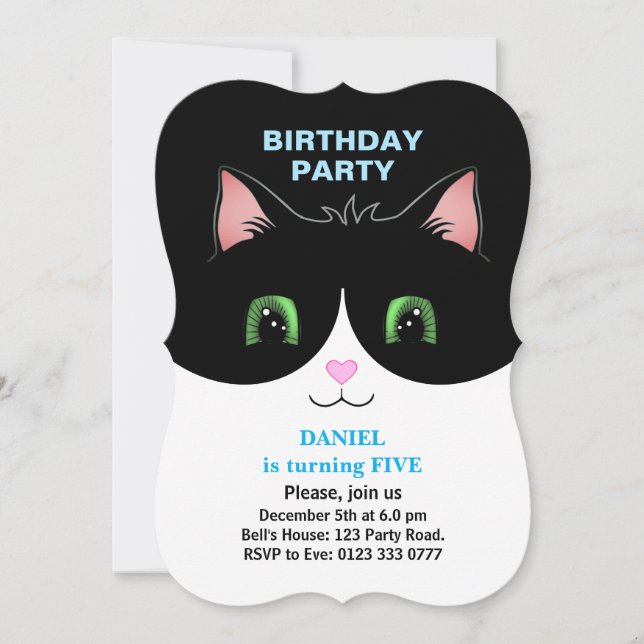 Moderne Cute Tuxedo Chat Garçon Invitation Anniver (Devant)