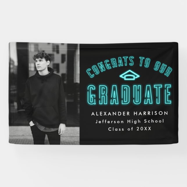 Moderne Cyan Neon Foto Graduation Party Banner (Horizontal)