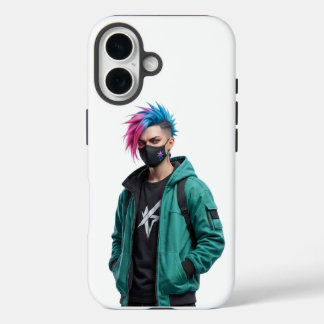 Moderne Cyberpunk-Anime-Jungen-Grafik iPhone 15 Hü 16 Hülle