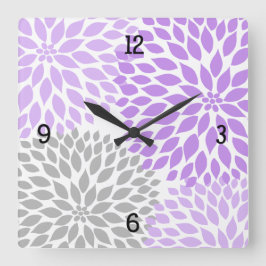 Moderne Dahlia Blume lila Lavendel Grau #2 Quadratische Wanduhr