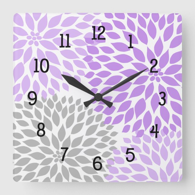 Moderne Dahlia Blume lila Lavendel grau Quadratische Wanduhr (Vorderseite)