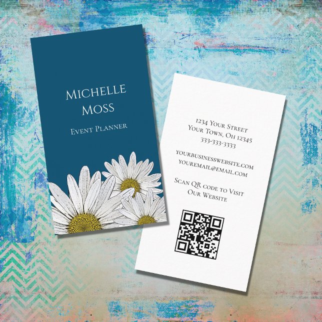 Moderne Daisies QR Code Floral Blue Visitenkarte (Von Creator hochgeladen)