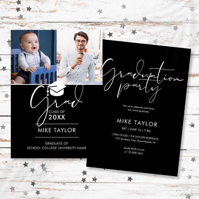 Moderne damals und heute 2 Foto Graduierungspartei Einladung (Modern Then And Now 2 Photo Graduation Party Invitation)
