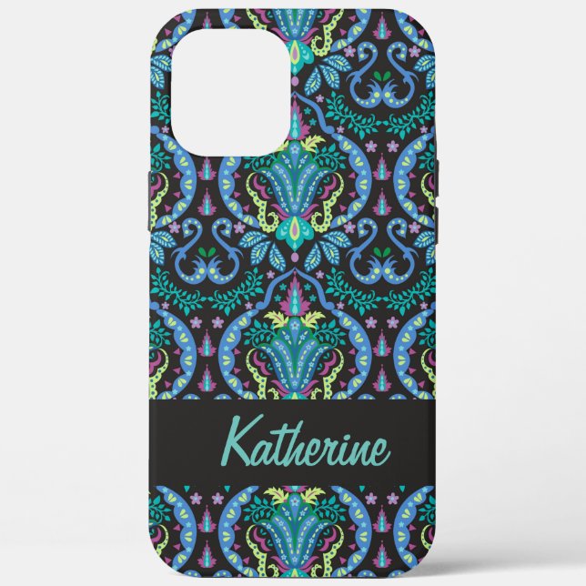 Moderne Damask Art Deco Schwarz Türkis Blauer Name Case-Mate iPhone Hülle (Rückseite)