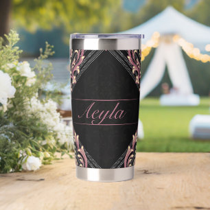 Moderne Damask Rose Gold und Glitzer Monogramm Thermobecher