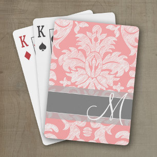 Moderne Damast-Lace-Muster - Korallenrot und Grau Spielkarten
