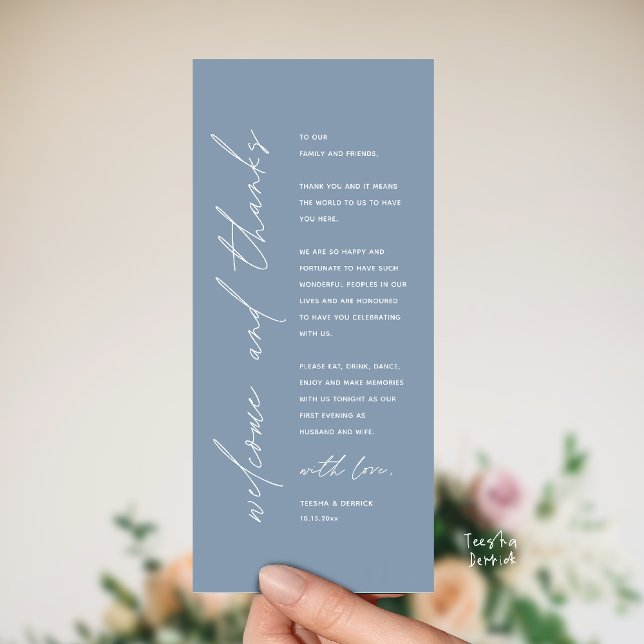Moderne Dankeskarten für das Hochzeitsbankett Programm (Welcome and thanks, Modern Wedding Reception Dinner Thank You card, family friends in dusty blue)