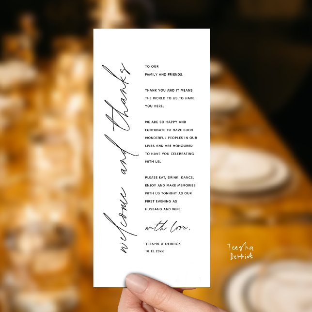 Moderne Dankeskarten für das Hochzeitsbankett Programm (Welcome and thanks, Modern Wedding Reception Dinner Thank You card, family friends in Black White)