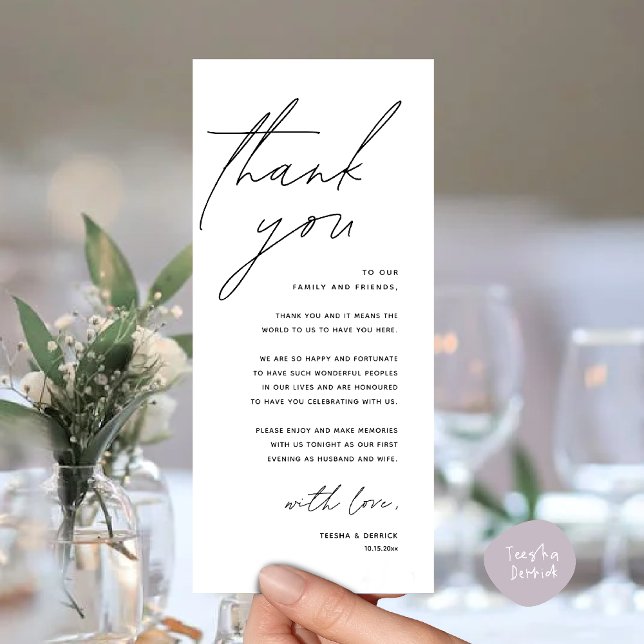 Moderne Dankeskarten für das Hochzeitsdinner Programm (Modern Wedding Reception Dinner Lunch Brunch Party Thank You Card in black and white)