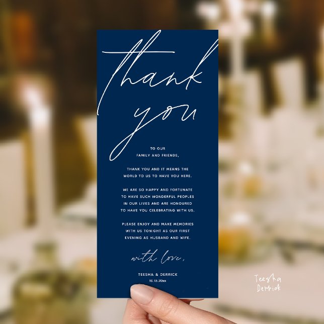 Moderne Dankeskarten für das Hochzeitsdinner Programm (Modern Wedding Reception Dinner Lunch Brunch Party Thank You Card in navy blue)