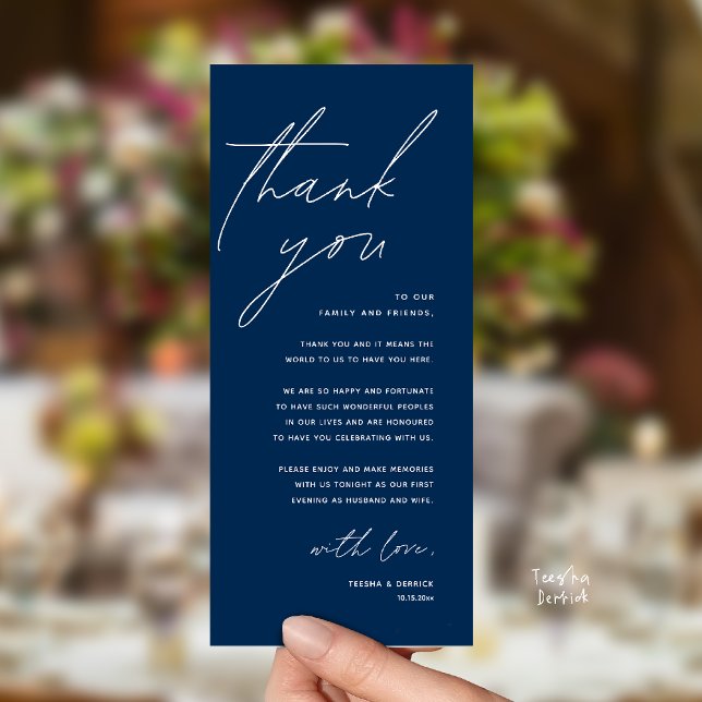 Moderne Dankeskarten für das Hochzeitsdinner Programm (Modern Wedding Reception Dinner Lunch Brunch Party Thank You Card in navy blue)