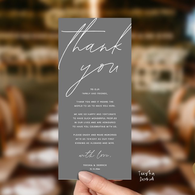 Moderne Dankeskarten für das Hochzeitsdinner Programm (Modern Wedding Reception Dinner Lunch Brunch Party Thank You Card in dark grey)