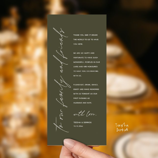Moderne Dankeskarten für das Hochzeitsdinner Programm (Welcome and thanks, Modern Wedding Reception Dinner Thank You card, family friends in olive green)
