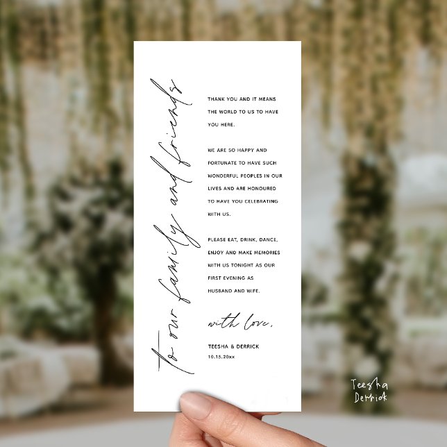 Moderne Dankeskarten für das Hochzeitsdinner Programm (Welcome and thanks, Modern Wedding Reception Dinner Thank You card, family friends in Black White)