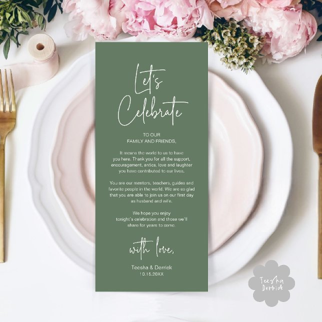 Moderne Dankeskarten für das Hochzeitsdinner Programm (Modern Wedding Reception Dinner Brunch Lunch Celebration Thank You Card in Sage Green)