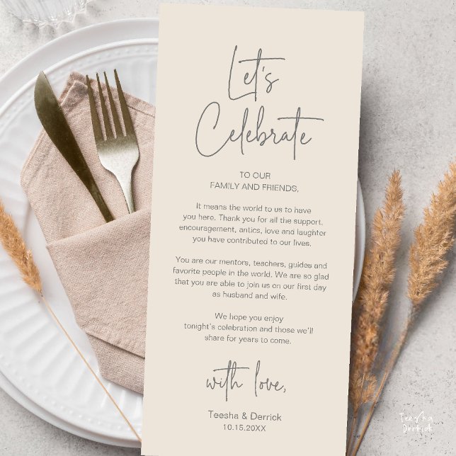 Moderne Dankeskarten für das Hochzeitsdinner Programm (Modern Classy Wedding Reception Dinner Thank You Card in Cream Grey)