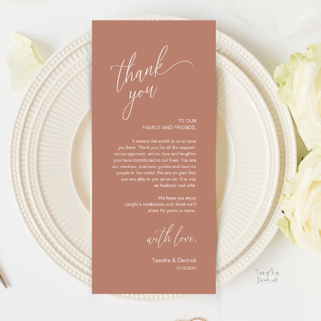 Moderne Dankeskarten für das Hochzeitsdinner Programm (Modern Wedding Reception Dinner Thank You Card in rustic terracotta brown)