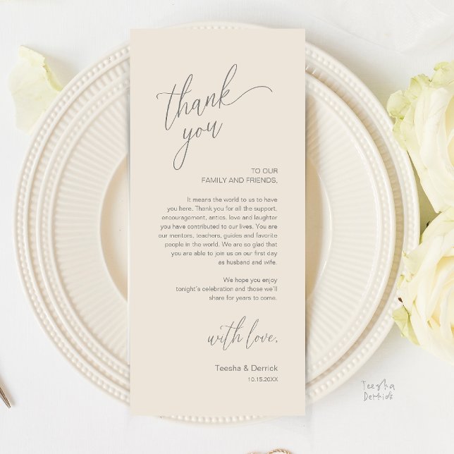 Moderne Dankeskarten für das Hochzeitsdinner Programm (Modern Wedding Reception Dinner Thank You Card in Cream and Grey)