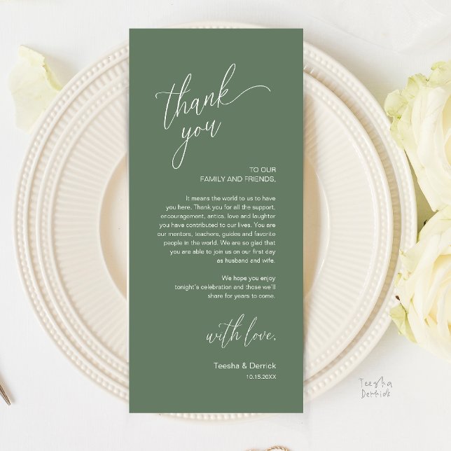 Moderne Dankeskarten für das Hochzeitsdinner Programm (Modern Wedding Reception Dinner Thank You Card in Sage Green)