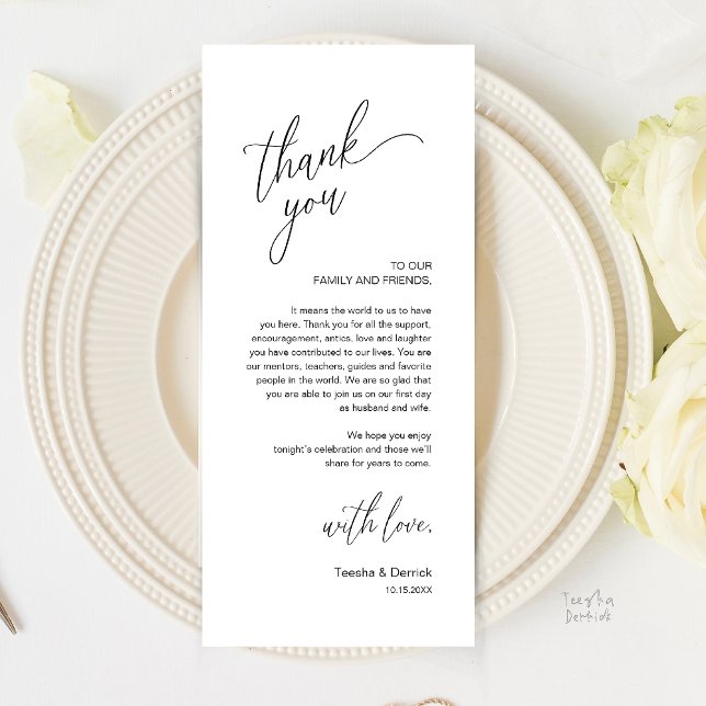 Moderne Dankeskarten für das Hochzeitsdinner Programm (Modern Wedding Reception Dinner Thank You Card in Black and White)