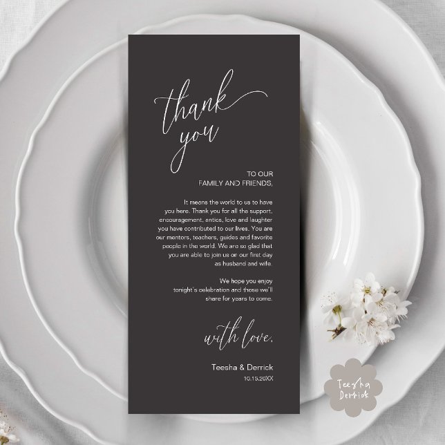 Moderne Dankeskarten für das Hochzeitsdinner Programm (Modern Wedding Reception Dinner Thank You Card in Charcoal Grey)