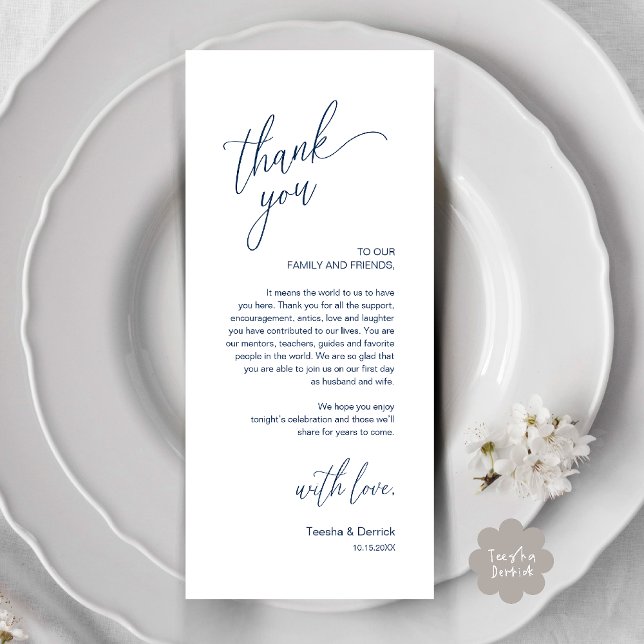 Moderne Dankeskarten für das Hochzeitsdinner Programm (Modern Wedding Reception Dinner Thank You Card in Navy Blue)