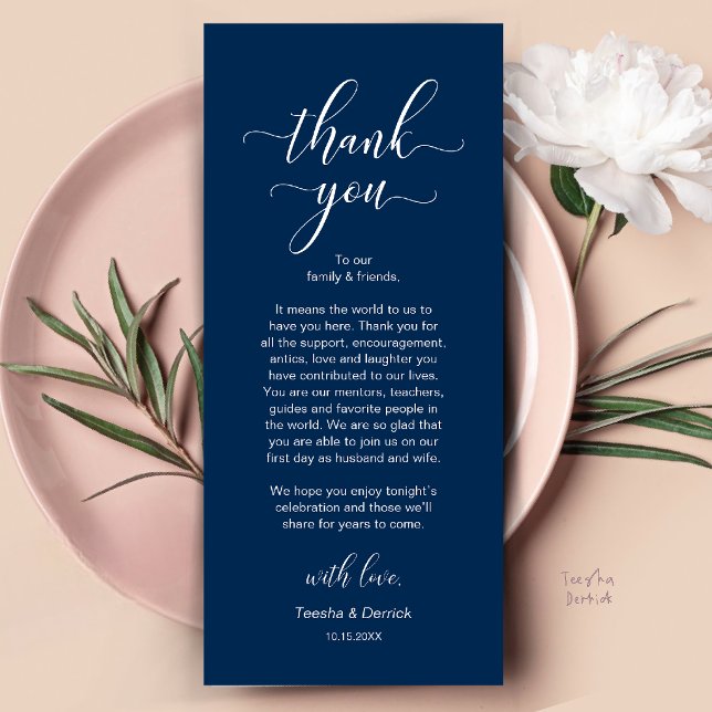 Moderne Dankeskarten für die Hochzeitsdinner-Tisch Programm (Modern Wedding Dinner Place Setting Thank You Card in Navy Blue)