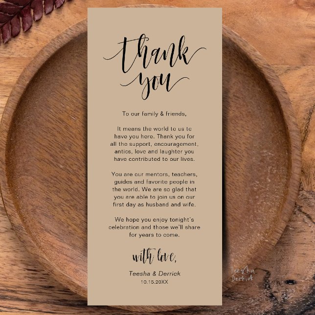 Moderne Dankeskarten für die Hochzeitsdinner-Tisch Programm (Modern Wedding Dinner Place Setting Thank You Card in Brown Tan Kraft)