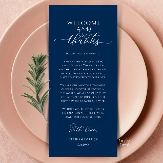 Moderne Dankeskarten für die Hochzeitsdinner-Tisch Programm (Modern Wedding Dinner Place Setting Thank You Card in navy blue)