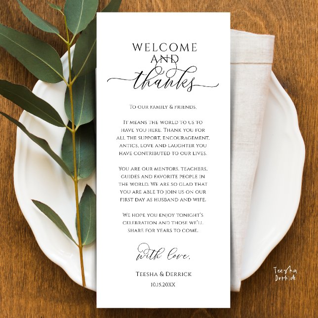 Moderne Dankeskarten für die Hochzeitsdinner-Tisch Programm (Modern Wedding Dinner Place Setting Thank You Card in black and white)