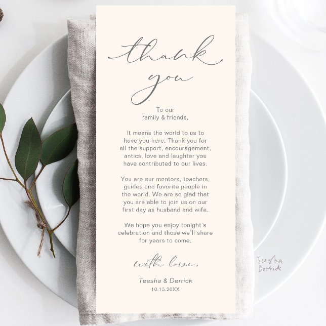 Moderne Dankeskarten für die Hochzeitsdinner-Tisch Programm (Modern Wedding Dinner Place Setting Thank You Card in Grey and Ivory)
