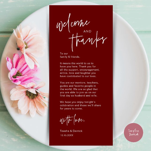 Moderne Dankeskarten für die Hochzeitsdinner-Tisch Programm (Modern Casual Wedding Dinner Place Setting Thank You Card in burgundy wine red)