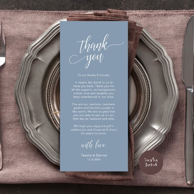Moderne Dankeskarten für die Hochzeitsdinner-Tisch Programm (Modern Wedding Dinner Place Setting Thank You Card in dusty blue)