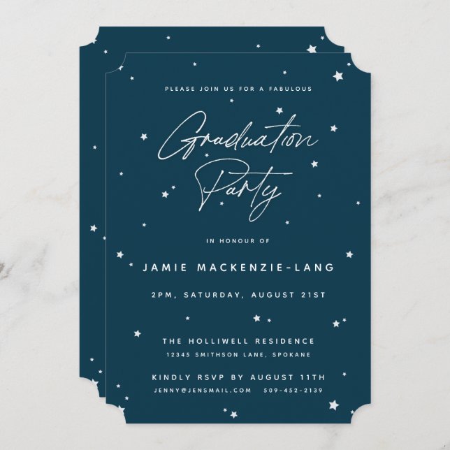 Moderne Dark Aquamarin Script and Stars Graduation Einladung (Vorne/Hinten)
