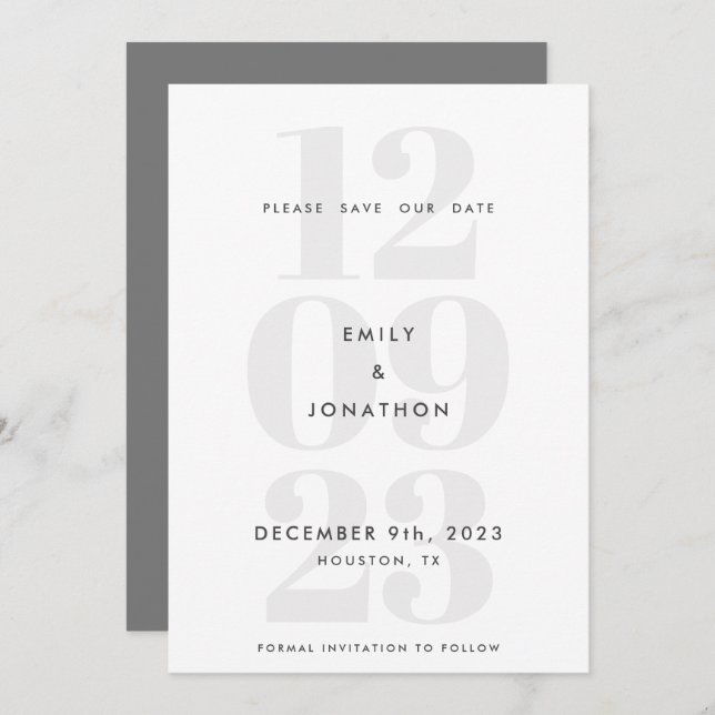 Moderne Datumsnummer Typografie Grau Save The Date (Vorne/Hinten)